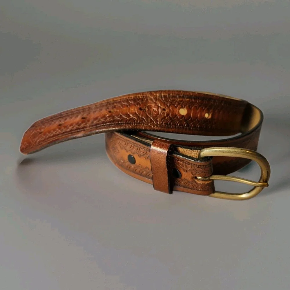 Vintage Chambers Belt Co Tooled Leather Belt USA Brown Brass Mens 38 Cowboy